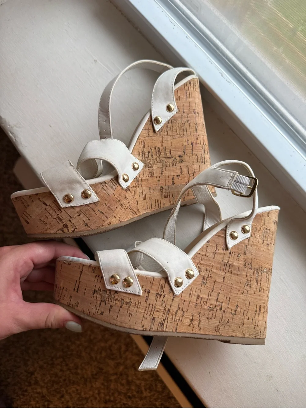 JustFab Cream Cork Wedge Sandals with Gold Accents